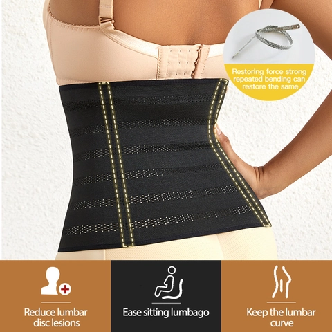 Women Breathable Mesh Tummy Control Belt Waist Trainer Body Shaper With 6 Rows Hooks Memory Steel Bones Back Support Shapewear