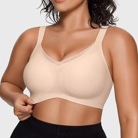 Women's Wireless Seamless Bra Mesh V-Neck Wire-free Support Bralette Full Coverage Comfort T-Shirt Bra For Daily Wear