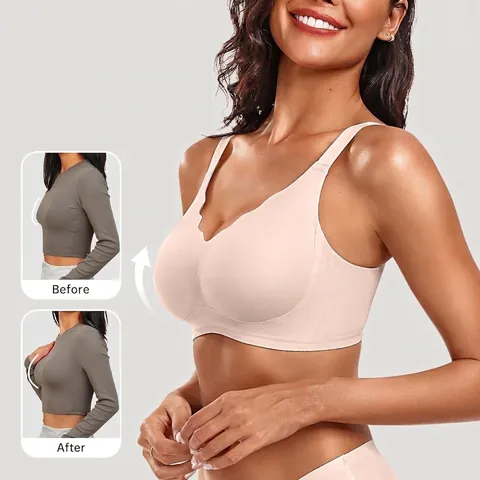 Sujetador Push-Up Sin Costuras para Mujer Cómodo Sujetador de Camiseta de Cobertura Total Con Borde Festoneado Lencería de Nailon de Soporte