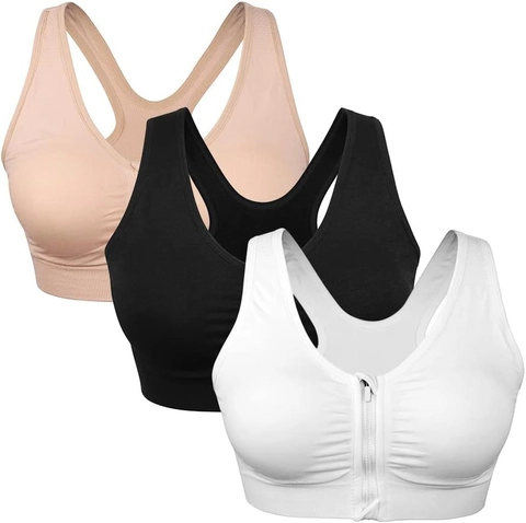 Damen Sport-BH Mit Front-Reißverschluss Kabellos Racerback Postoperative Unterstützung BH Mit Herausnehmbaren Polstern Für Yoga Fitness