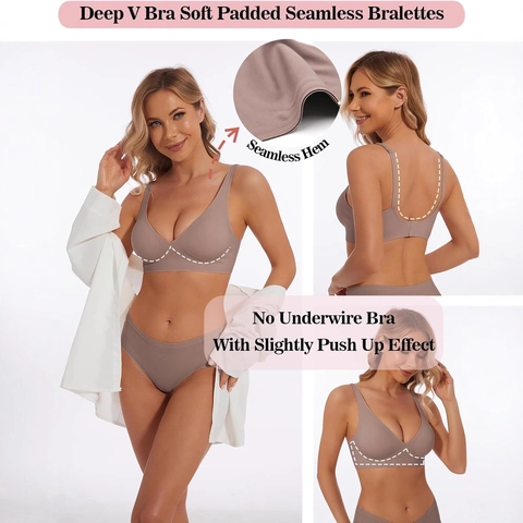 Sujetador Push Up Sin Costuras Cuello en V Profundo para Mujer Bralette Acolchado Borde Festoneado Cómodo Levantamiento Invisible Ropa Interior