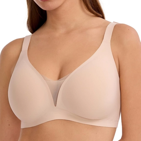 Women Seamless Deep V Bra Mesh Detail Wide Strap Soft Support Wireless Comfort Gathering Everyday Lingerie Bralette Top