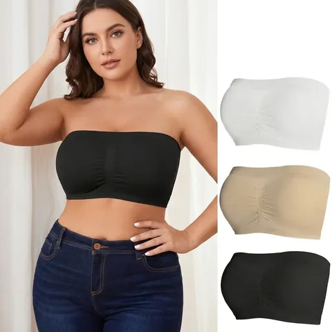 Damen Übergrößen Trägerloser Bandeau BH Kabellos Nahtlos Atmungsaktiv Rutschfest Tube Top Schwarz Weiß Nude