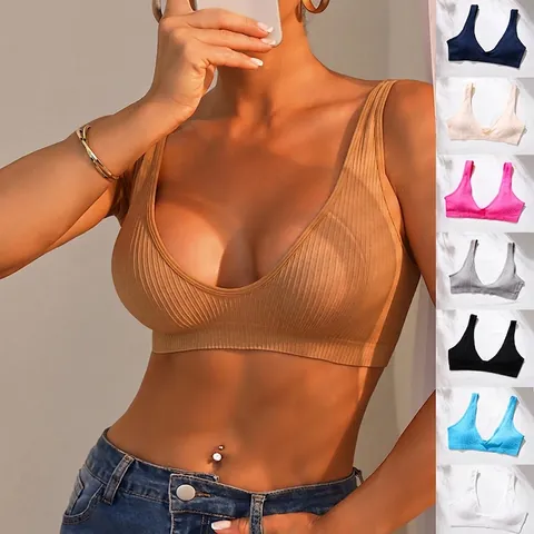 Sujetador Acanalado Sin Costuras Escote en V Profundo Sin Aros Cómodo Bralette Deportivo Camiseta de Tirantes Push Up Lencería