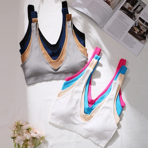 Sujetador Acanalado Sin Costuras Escote en V Profundo Sin Aros Cómodo Bralette Deportivo Camiseta de Tirantes Push Up Lencería