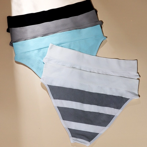 Seamless Nylon Spandex Panties Breathable Antibacterial Low Waist Briefs For Women Comfortable Casual Underwear Stripes Solid