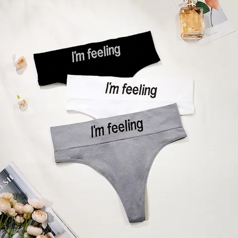 String Femme Sexy sans Couture Mélange Nylon Coton Respirant Sportif Taille Basse avec Impression de Lettres Culottes