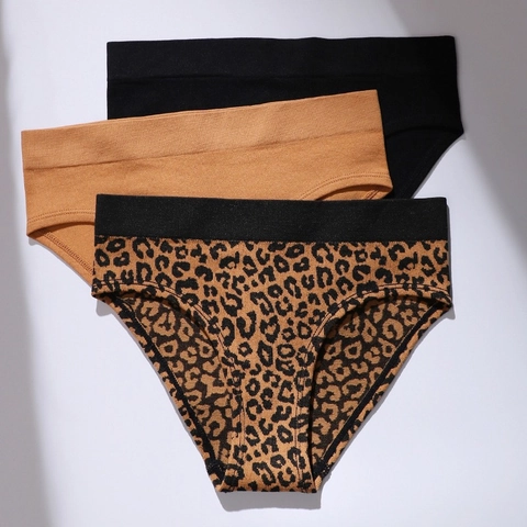 Ropa Interior Sin Costuras con Estampado de Leopardo para Mujer Cintura Baja Transpirable Bragas de Nilón Spandex Color Negro Jengibre