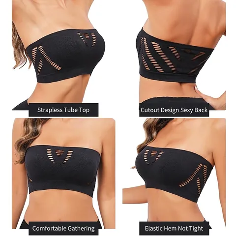 Women Seamless Strapless Tube Top Bandeau Bra Laser Cut Geometric Hollow Out Design Elastic Breathable Everyday Underwear