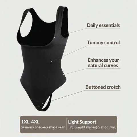 Plus Size Women Seamless Shapewear Bodysuit Tummy Control Wide Straps U-Neck Ribbed Slimming Bodysuit Thong Crotch Black