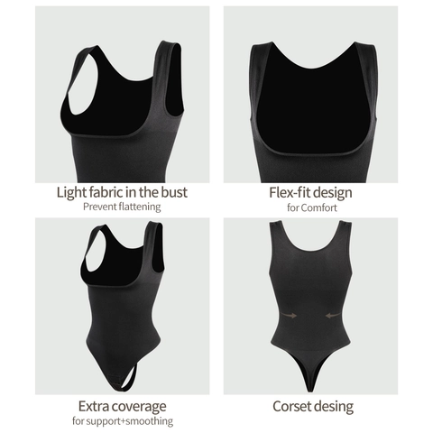 Plus Size Women Seamless Shapewear Bodysuit Tummy Control Wide Straps U-Neck Ribbed Slimming Bodysuit Thong Crotch Black