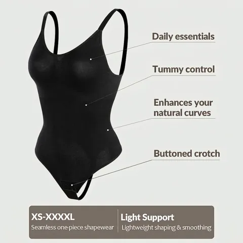 Women Seamless Bodysuit Tummy Control Shapewear Plus Size Adjustable Spaghetti Straps V-Neck Low Back Thong Body Shaper Black