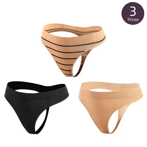 Tangas Sin Costuras para Mujer Cintura Baja Transpirable Nylon Stretch Rayado Color Sólido Ropa Interior Deportiva Conjunto Negro Café
