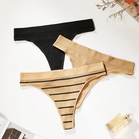 Tangas Sin Costuras para Mujer Cintura Baja Transpirable Nylon Stretch Rayado Color Sólido Ropa Interior Deportiva Conjunto Negro Café