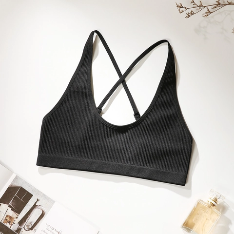Damen Geripptes Nahtloses Bralette Verstellbar Überkreuzter Rücken Dünne Träger U Ausschnitt Sport Crop Top Alltag Unterwäsche