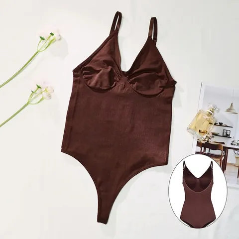 Naadloze Geribbelde Bodysuit Voor Vrouwen Tieners Polyamide Diepe V-Hals Verstelbare Band Rugloos String Eendelige Jumpsuit Corrigerend