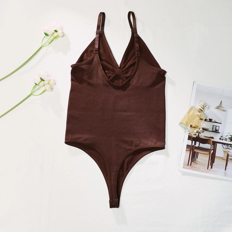 Naadloze Geribbelde Bodysuit Voor Vrouwen Tieners Polyamide Diepe V-Hals Verstelbare Band Rugloos String Eendelige Jumpsuit Corrigerend