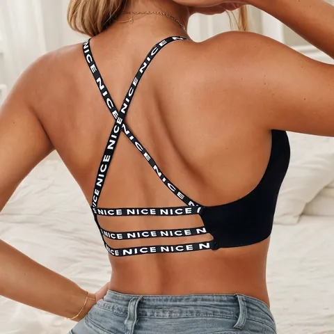 Women Sporty Cross Back Wireless Bra NICE Letter Print Straps Breathable Comfortable Bralette For Yoga Gym Fitness Top