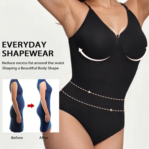 Naadloze Shapewear Bodysuit voor Dames Buikcontrole Afslankend Lichaamshaper V-hals Spaghettibandjes String Zwart