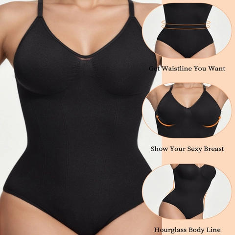 Naadloze Shapewear Bodysuit voor Dames Buikcontrole Afslankend Lichaamshaper V-hals Spaghettibandjes String Zwart