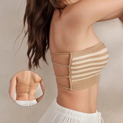 Women Seamless Strapless Tube Top Bra Striped Knit Bandeau Backless Cut Out Anti Slip Thin Lifting Invisible Intimate Bralette