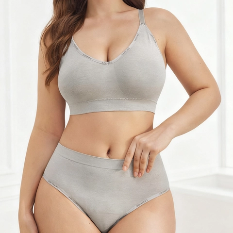 Dames Grote Maten Naadloze Lingerie Gemêleerd Grijs Beha En Slip Letter Band V-Hals Draadloze Bralette Top En Onderkant