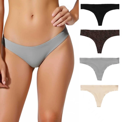 String Femme Sans Couture en Soie Glacée Sexy Imprimé Léopard Couleur Unie Taille Basse Respirant Sous-Vêtements G-String