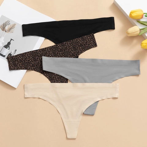 String Femme Sans Couture en Soie Glacée Sexy Imprimé Léopard Couleur Unie Taille Basse Respirant Sous-Vêtements G-String