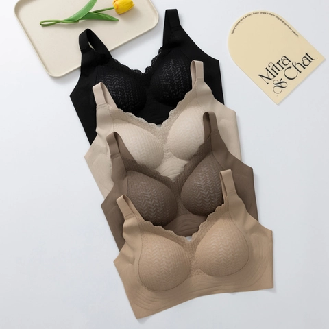 Sujetador de Encaje Sin Costuras Para Mujer Sin Aro Push Up Cómodo Copa Delgada Lencería Suavizado Lateral Copa Completa