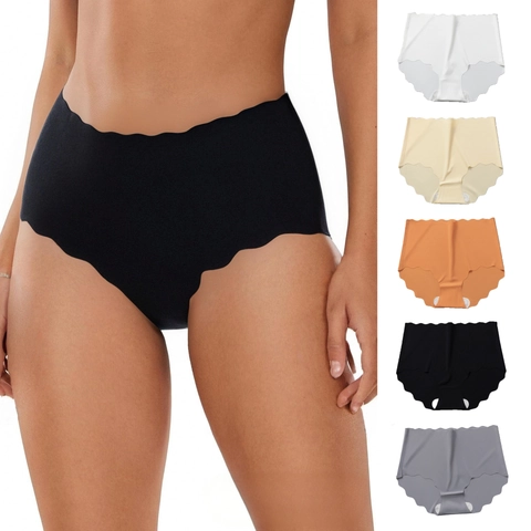Braguitas de Talle Alto Sin Costuras de Seda de Hielo para Mujer Transpirable Control de Abdomen Borde Festonado Ropa Interior