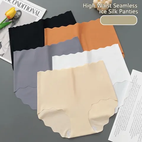 Braguitas de Talle Alto Sin Costuras de Seda de Hielo para Mujer Transpirable Control de Abdomen Borde Festonado Ropa Interior