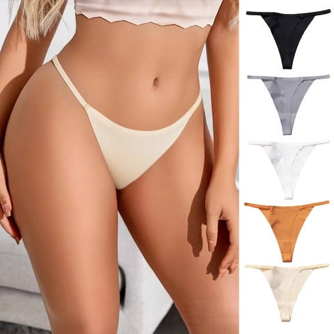 Women's Seamless Thong Panties Sexy Low Waist Ice Silk Underwear Breathable Solid Color Thin Strap G-String Lingerie
