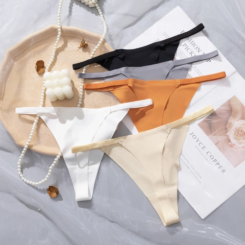 Women's Seamless Thong Panties Sexy Low Waist Ice Silk Underwear Breathable Solid Color Thin Strap G-String Lingerie