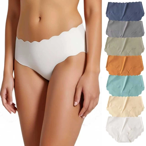 Women Seamless Ice Silk Panties Mid Waist Scalloped Edge Breathable Soft Solid Color Underwear Everyday Invisible Knickers