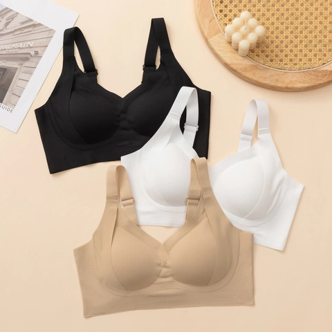 Women Seamless Ribbed Bra Wireless Full Cup Supportive Bralette Wide Adjustable Straps Breathable Nylon Lingerie Top