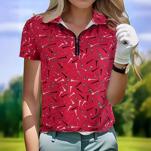 Women Fashion Casual Golf Polo Shirt Short Sleeve Zip V-Neck Digital Print Polyester Top For Sport Outdoor Daily