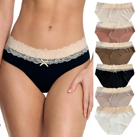 Bragas de Encaje de Seda de Hielo Sin Costuras para Mujer Acanaladas Transpirables de Cintura Media Calzoncillos Con Lazo Ropa Interior Suave Cómoda