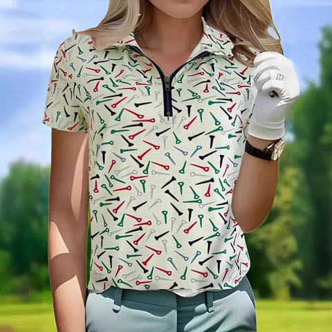 Women Fashion Casual Golf Polo Shirt Short Sleeve Zip V-Neck Digital Print Polyester Top For Sport Outdoor Daily