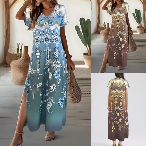 Women Bohemian Floral Print V Neck Side Slit Maxi Dress Summer Gradient Short Sleeve Casual A Line Long Dress Beach Vacation