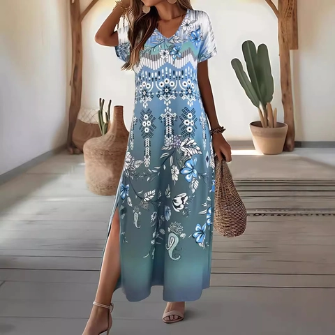 Women Bohemian Floral Print V Neck Side Slit Maxi Dress Summer Gradient Short Sleeve Casual A Line Long Dress Beach Vacation