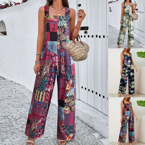 Women Plus Size Jumpsuit Tropical Print Spaghetti Strap Wide Leg Top And Bottom Bohemian Summer Casual Vacation Jumpsuit