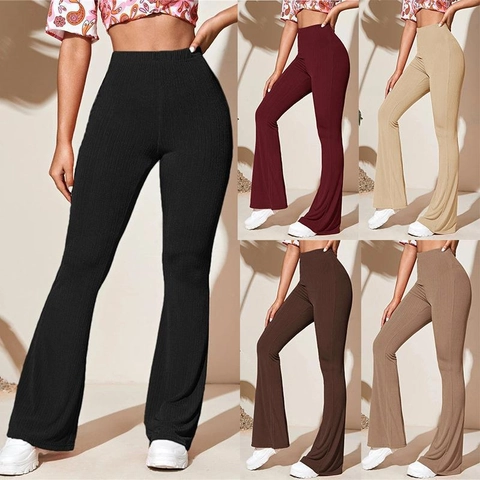 Women High Waisted Ribbed Flare Pants Solid Color Wide Leg Yoga Trousers Casual Elastic Knit Bell Bottom Pants For Summer Sport