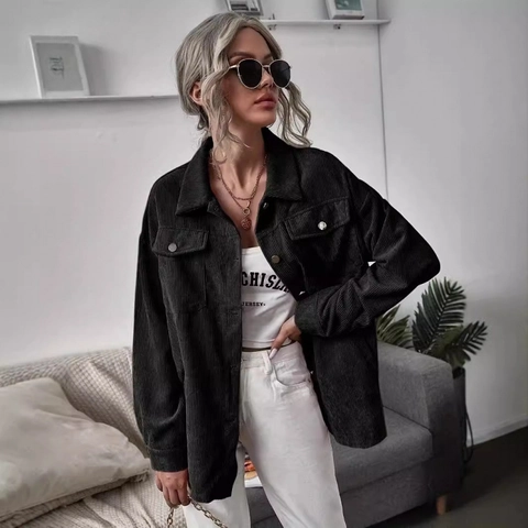 Giacca Camicia in Velluto a Coste da Donna Risvolto Monopetto Larga Casual Top a Maniche Lunghe Con Tasche Capispalla Vintage Tinta Unita
