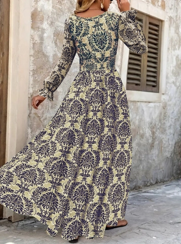 Vintage Floral Print V Neck Long Sleeve Maxi Dress Boho High Waist A-Line Long Dress For Women Autumn Vacation Outfit
