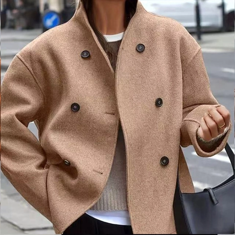 Women Double Breasted Woolen Coat Solid Color Stand Collar Long Sleeve Polyester Outwear Casual British Style Top For Winter