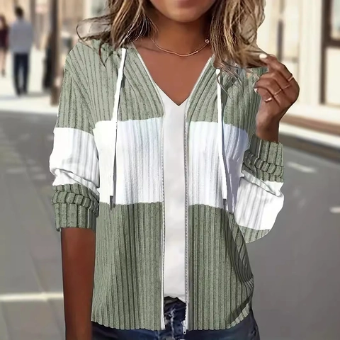 Dames Vintage Wol Contrast Kleurblok Hoodie Met Rits Casual Geribd Lange Mouwen Patchwork Slim Fit Sweatshirt Jas Met Capuchon