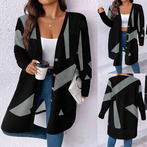 Damen Casual Geometrischer Druck Mittellange Strickjacke Herbst Winter Lose Knopffront Langarm Übergangsjacke Top