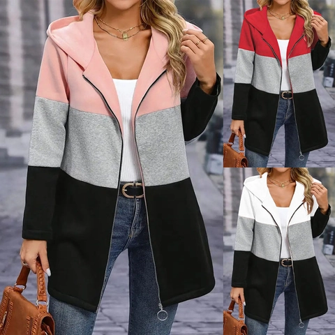 Damen Casual Farblock Kapuzenjacke Polyester Elasthan Reißverschluss Patchwork Sweatshirt Top Für Herbst Winter Alltag