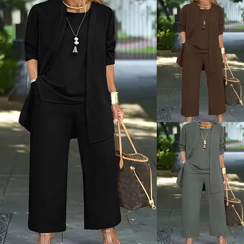 Completo 3 Pezzi Donna Casual Cardigan a Maniche Lunghe Gilet e Pantaloni a Gamba Larga Tinta Unita Completo Lounge per Pendolarismo