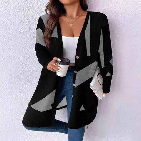 Damen Casual Geometrischer Druck Mittellange Strickjacke Herbst Winter Lose Knopffront Langarm Übergangsjacke Top